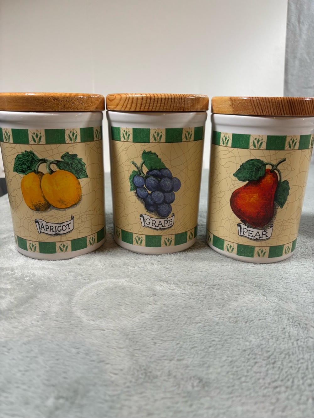 Vintage Himark Ceramic Fruit Canister Set of 3 Wood Lids Apricot Grape Pear